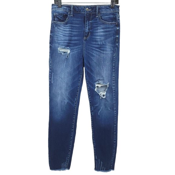 Cello Ankle Jeans Denim Women’s Size 9 Distressed Holes Fringe Hem Dark Wash - Picture 1 of 10